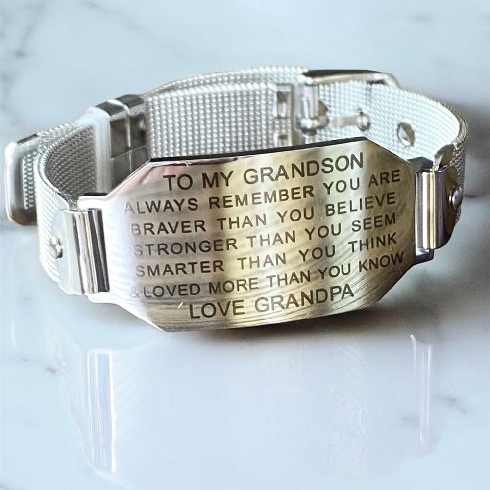Stainless Steel Mesh Affirmation Bracelet-Grandson/Grandfather NIB